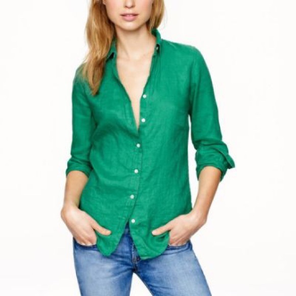 J Crew Perfect Fit Green Linen Shirt 